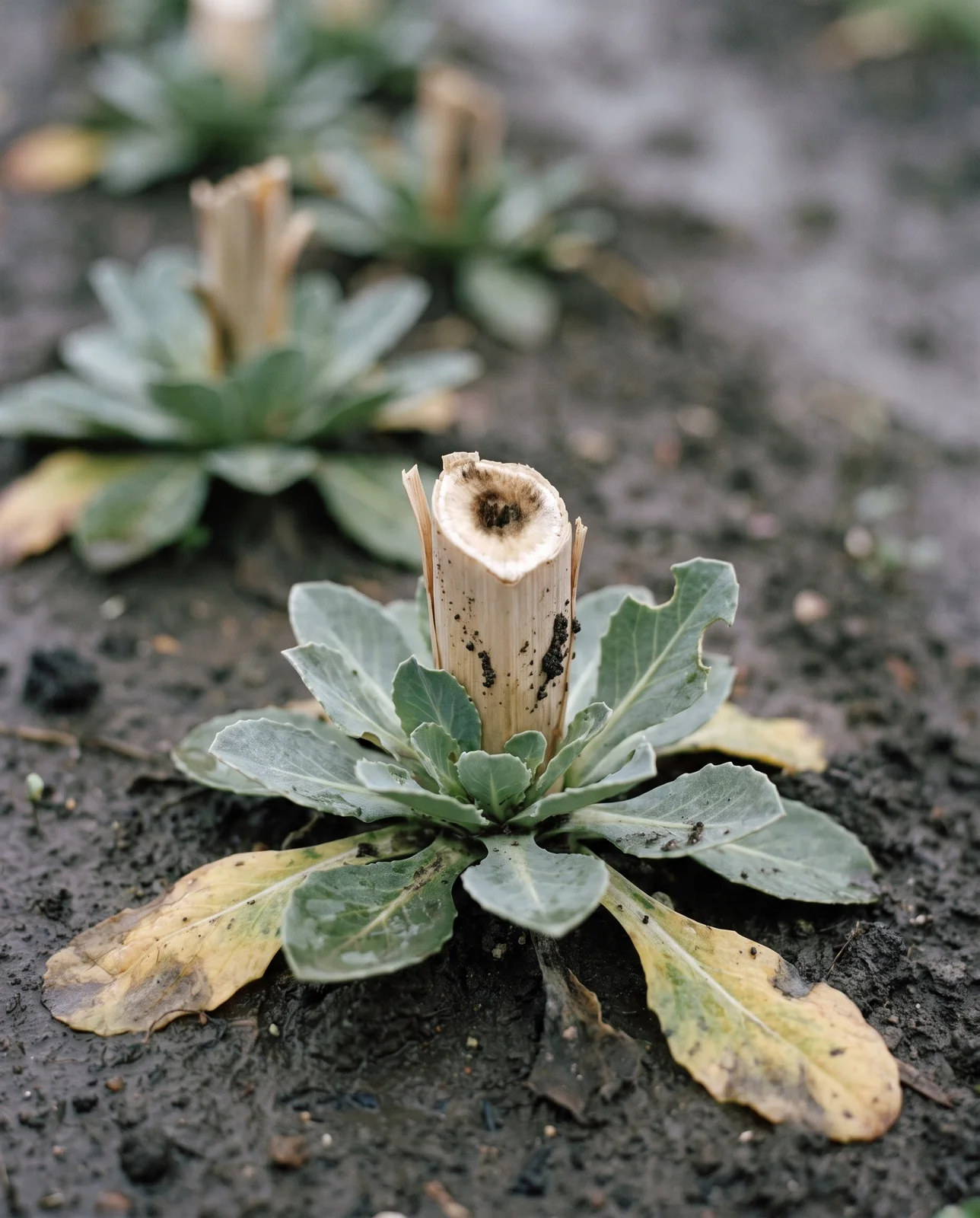 A stock plant three weeks after its single stem was cut: a dried stub above a rosette, nothing regrowing