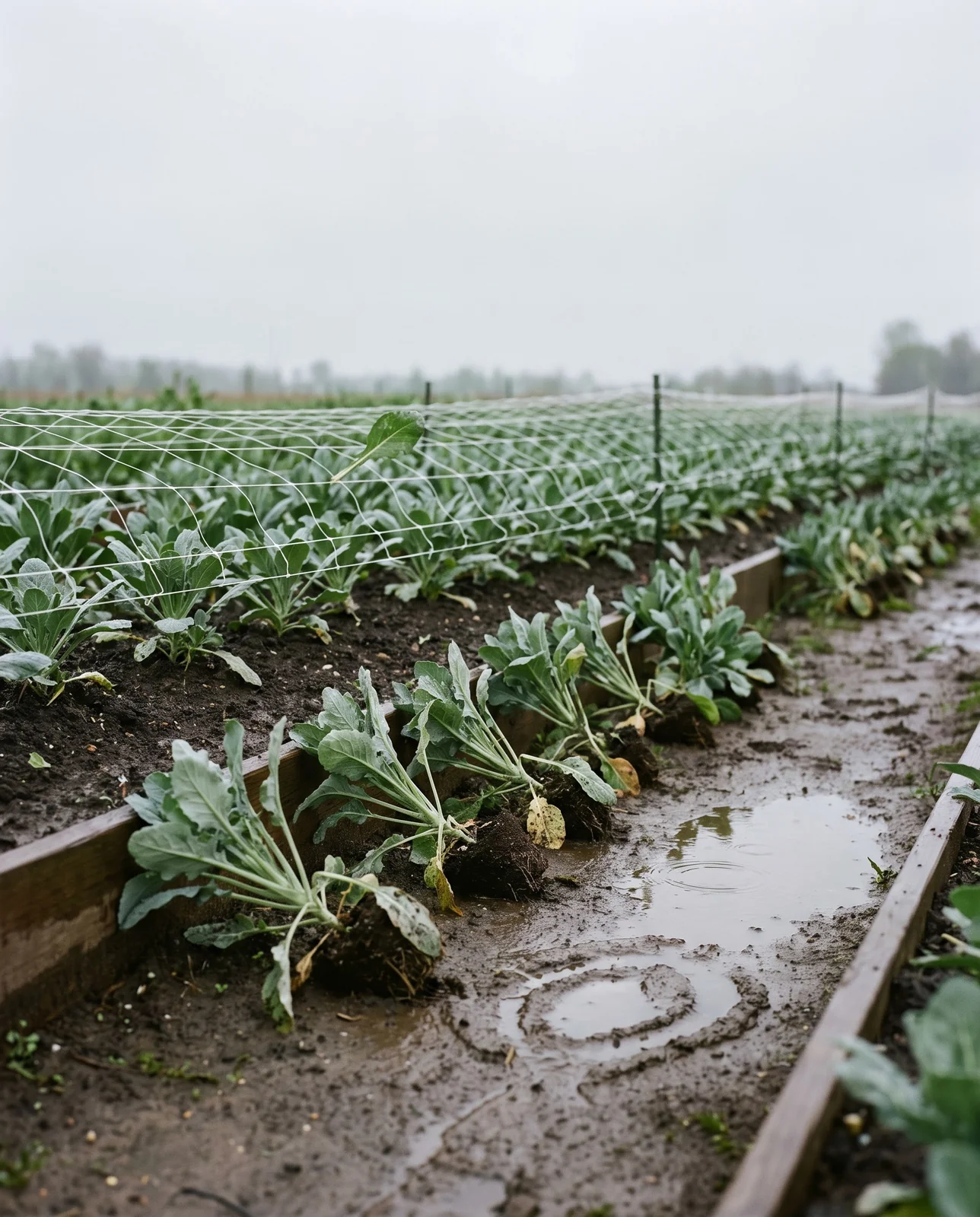 Young stock plants leaning flat days after transplanting, beside a bed with horizontal support netting