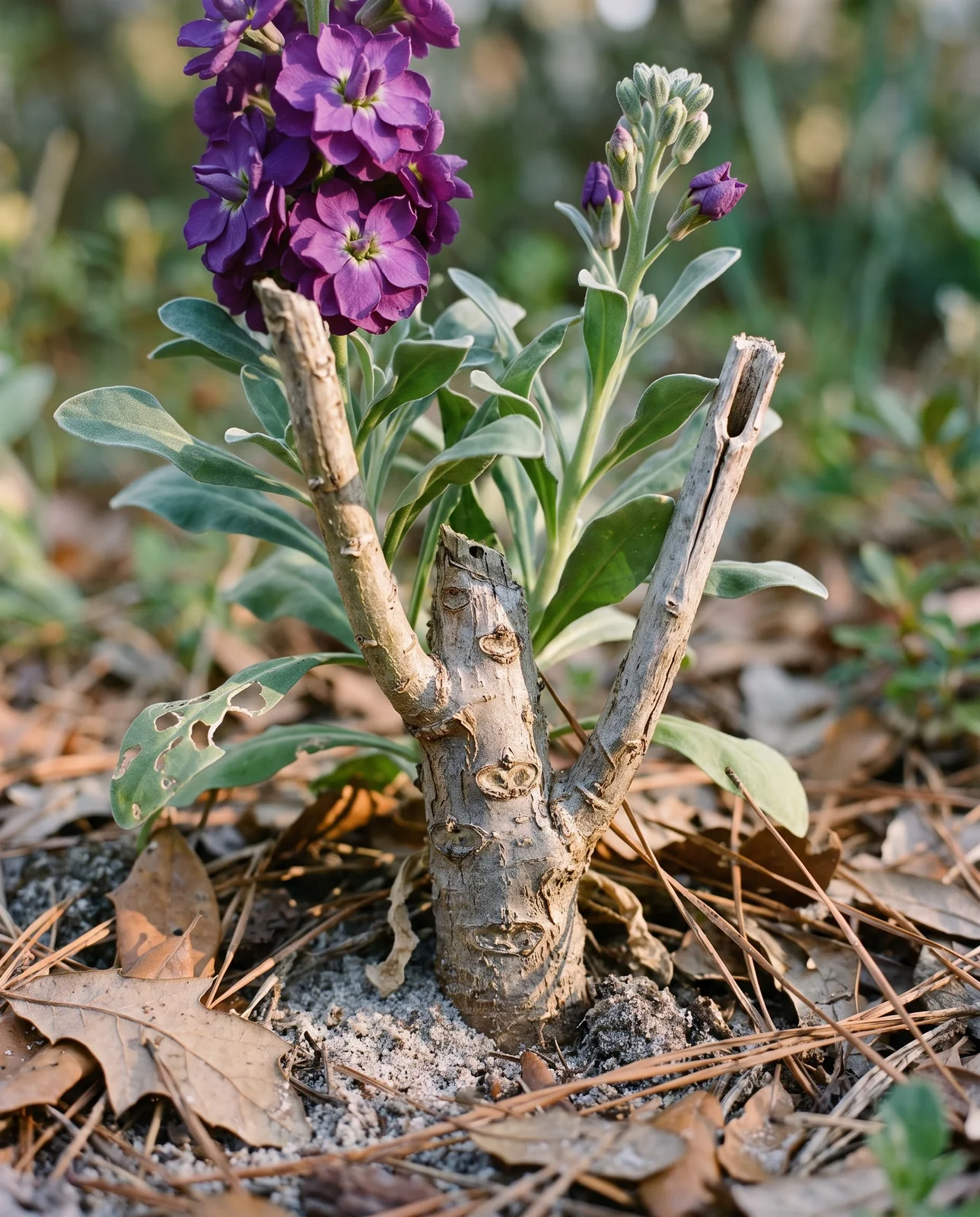 A second-year stock plant with a thickened corky base and fresh violet flower spikes above it