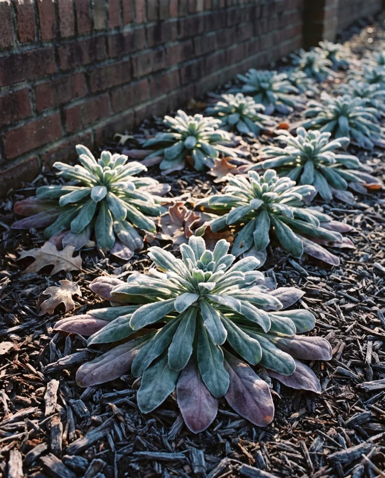 Overwintering Brompton stock as low frosted leaf clumps in January, months before it will flower