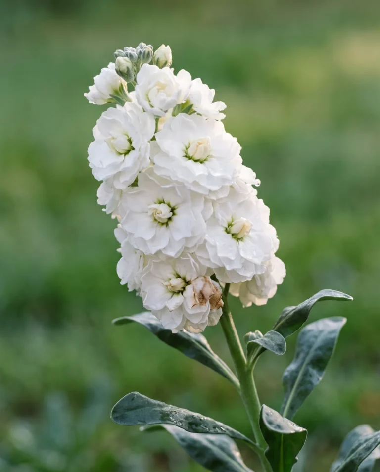 A pure white all-double stock spike with a solidly packed head, wet from overnight rain