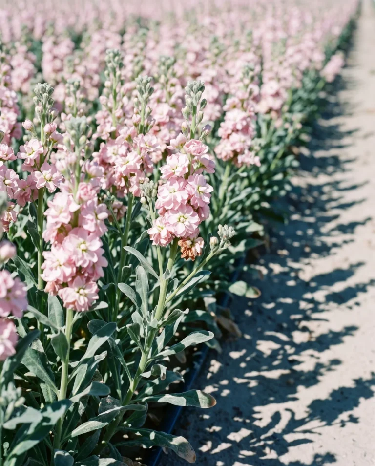 Blush pink column stock at cutting stage in a desert winter cut-flower row under hard low sun
