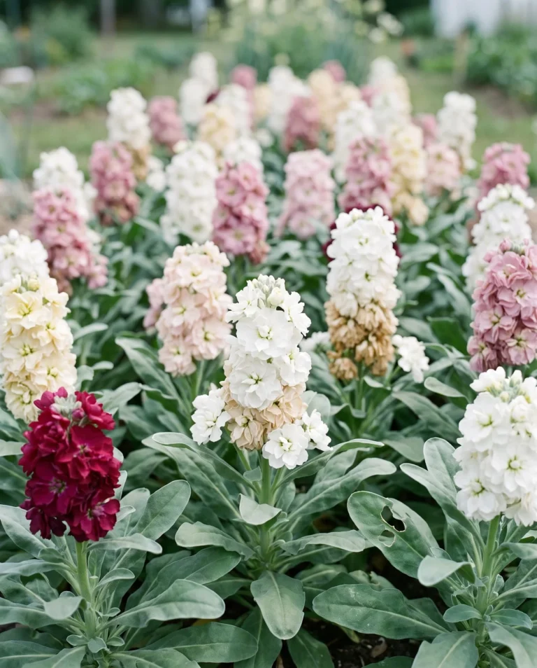 A block of spring-sown ten-week stock in full flower in late May, short sturdy columns in mixed colours