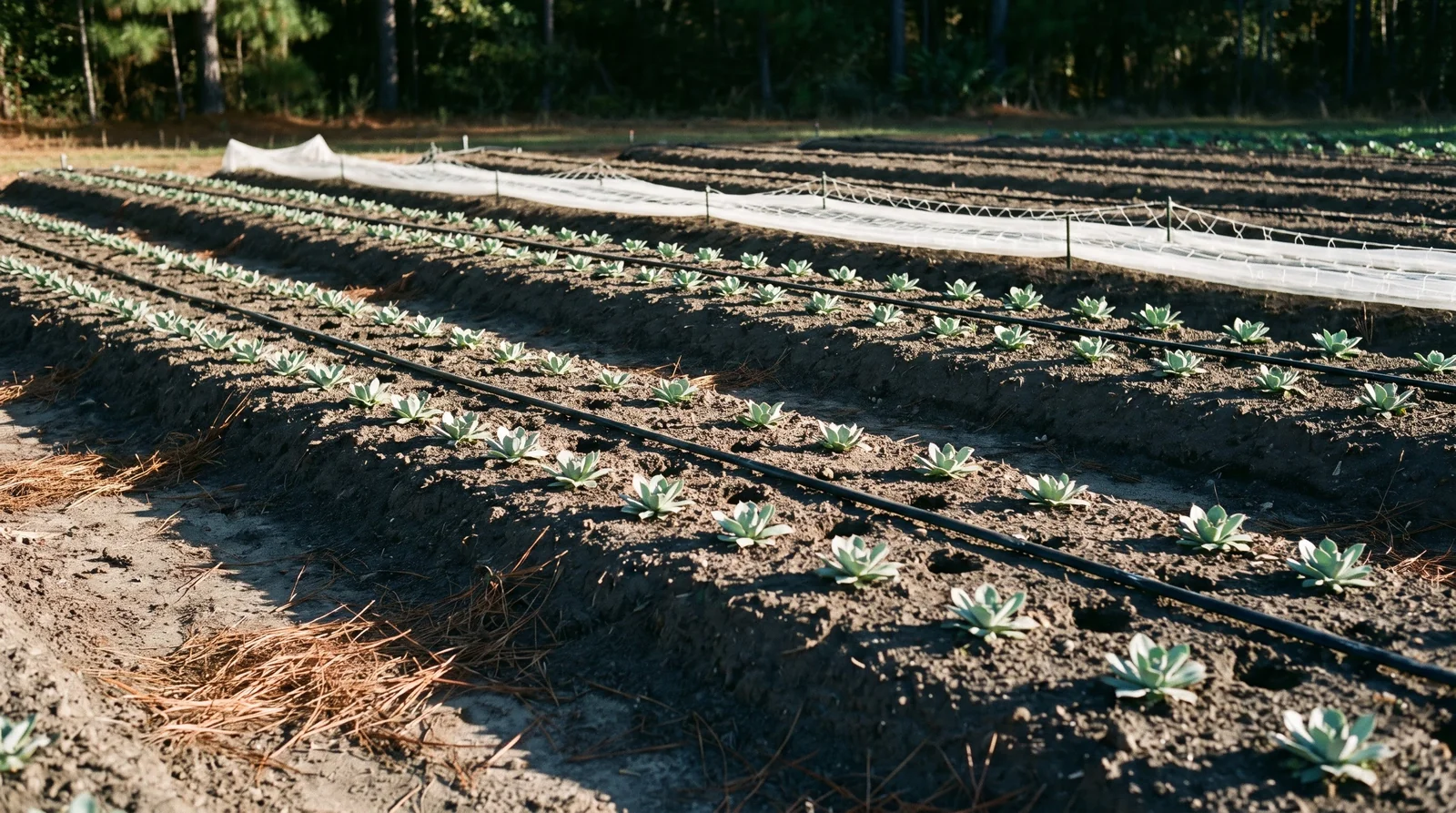 Long field beds of young stock plants set out in November, seen down the rows in low afternoon light