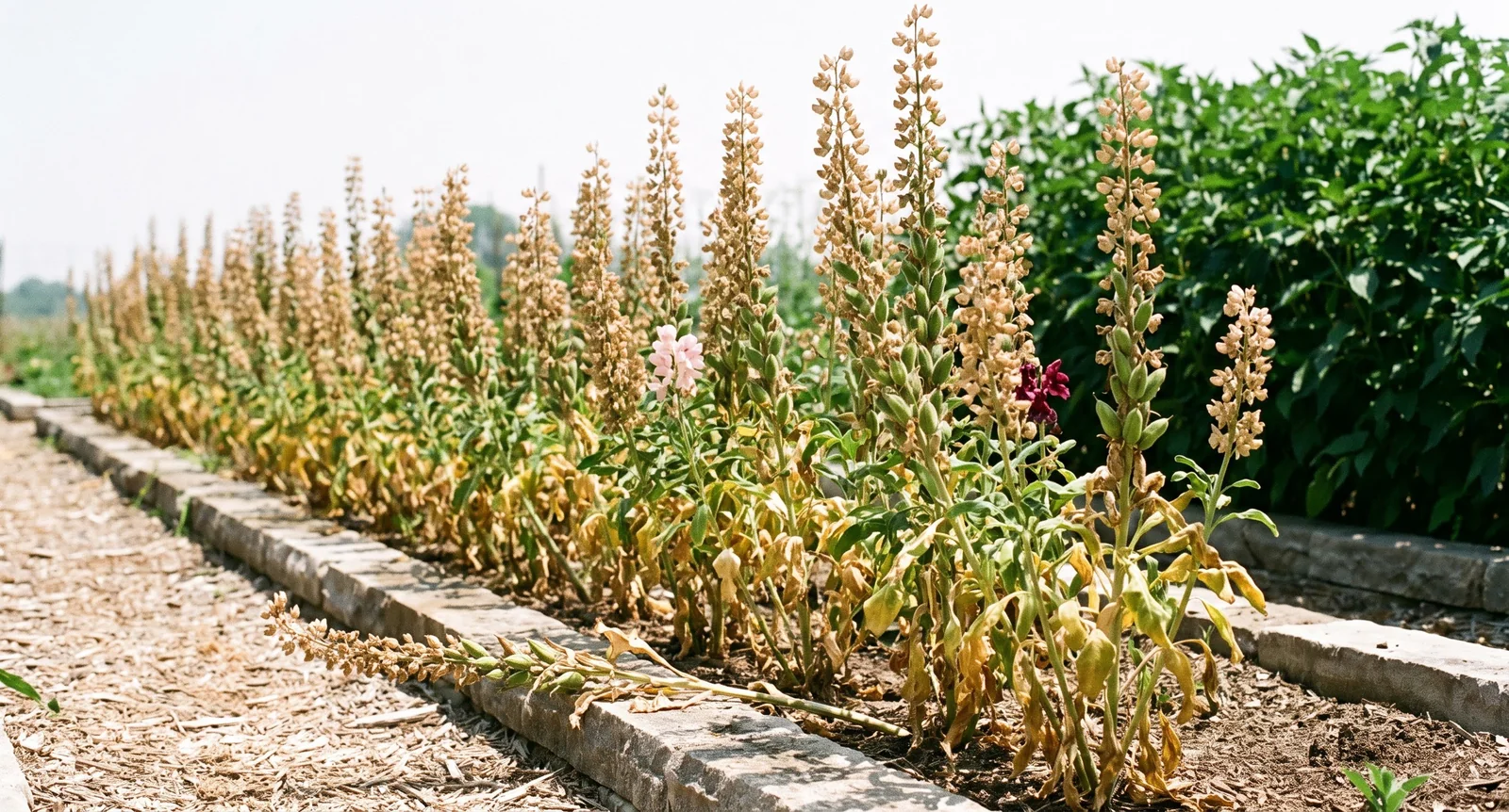 A June bed where the stock row has finished, spikes gone tan and seed pods forming, in hazy heat