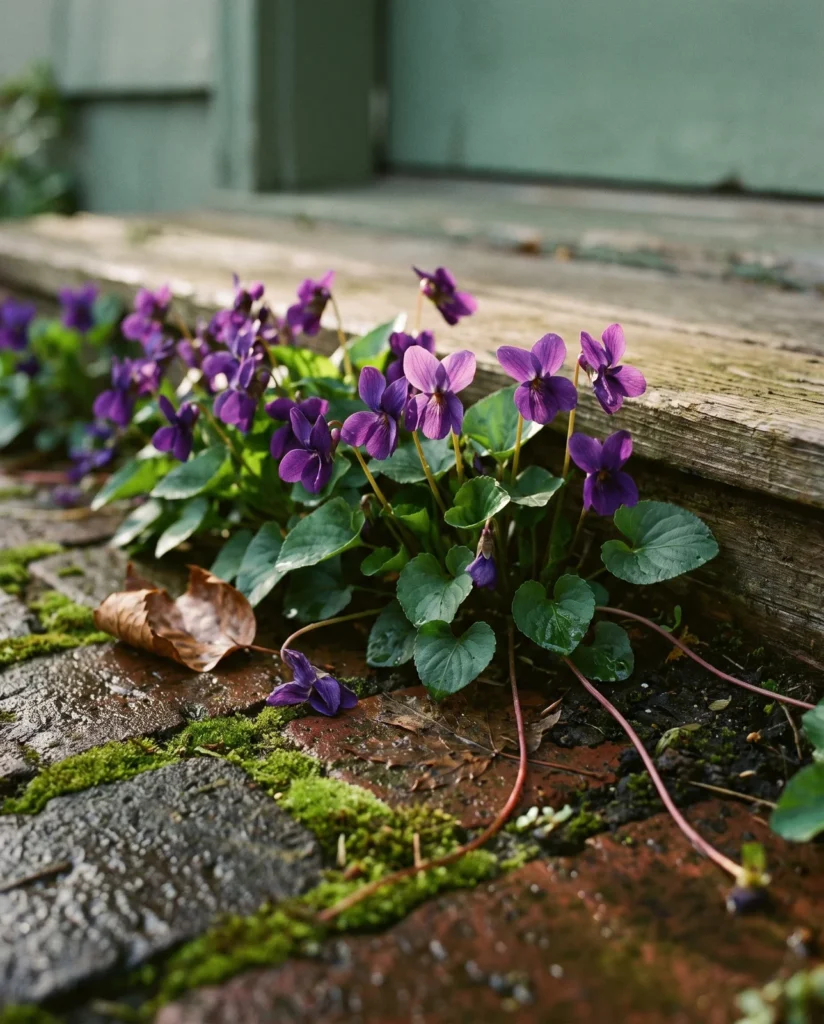 Sweet violet flowering in the seam between an old brick path and a shaded wooden back doorstep in early March.