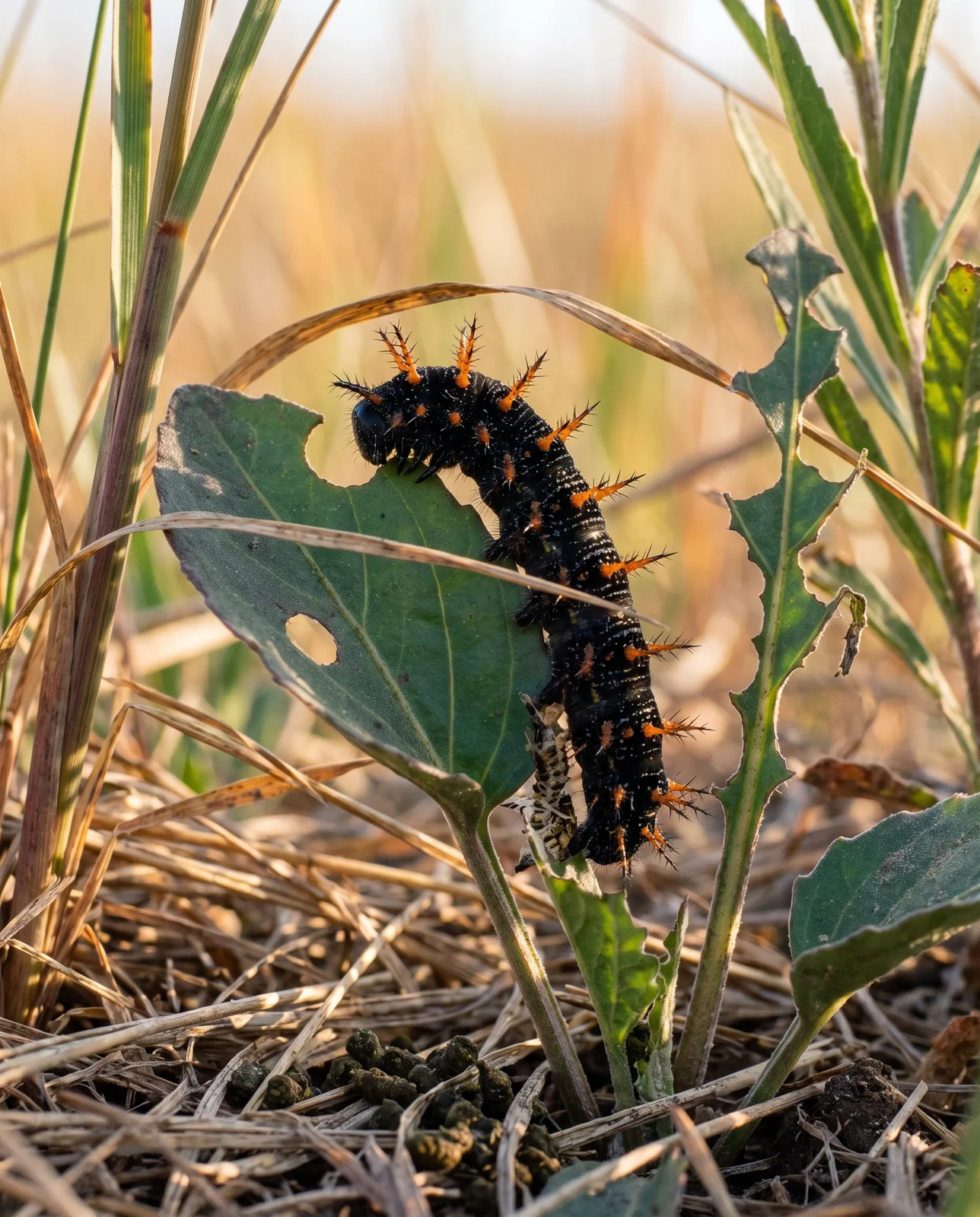 A spiny fritillary caterpillar feeding on a violet leaf with chew notches at a prairie edge.