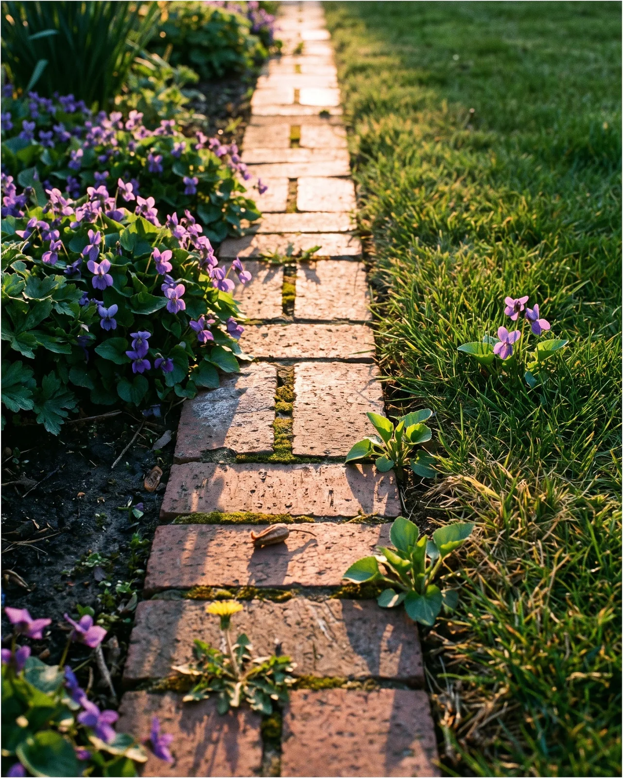 A brick mowing strip holding a violet patch inside a bed, with three escaped rosettes rooted in the turf seam beyond it.