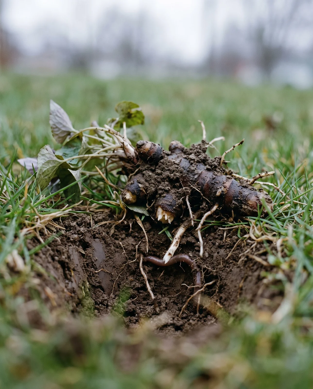 An open divot chopped out of thin lawn turf with the lifted violet crown and its short fleshy rhizome lying on the sod beside it.