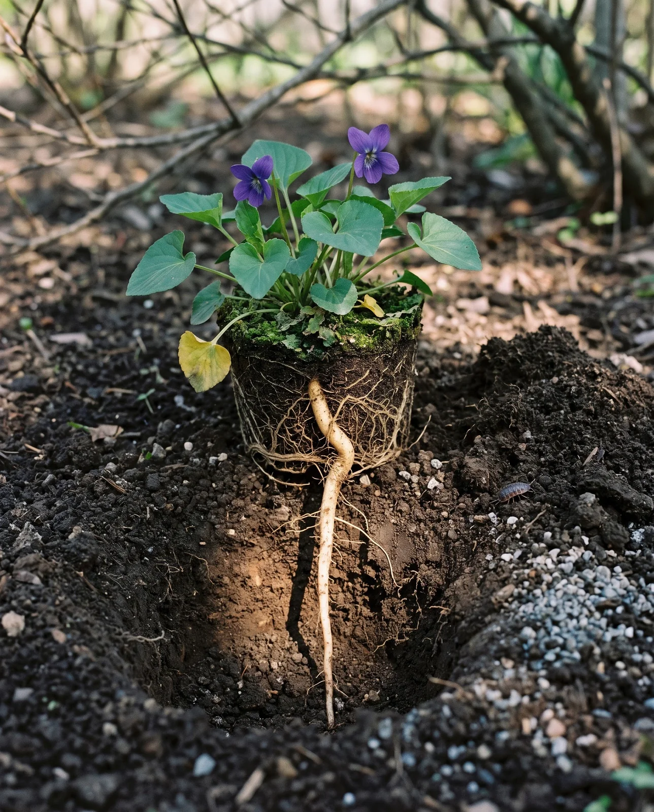 A nursery violet slid intact from its pot on loose soil beside an open planting pocket, its long taproot visible below the rosette.