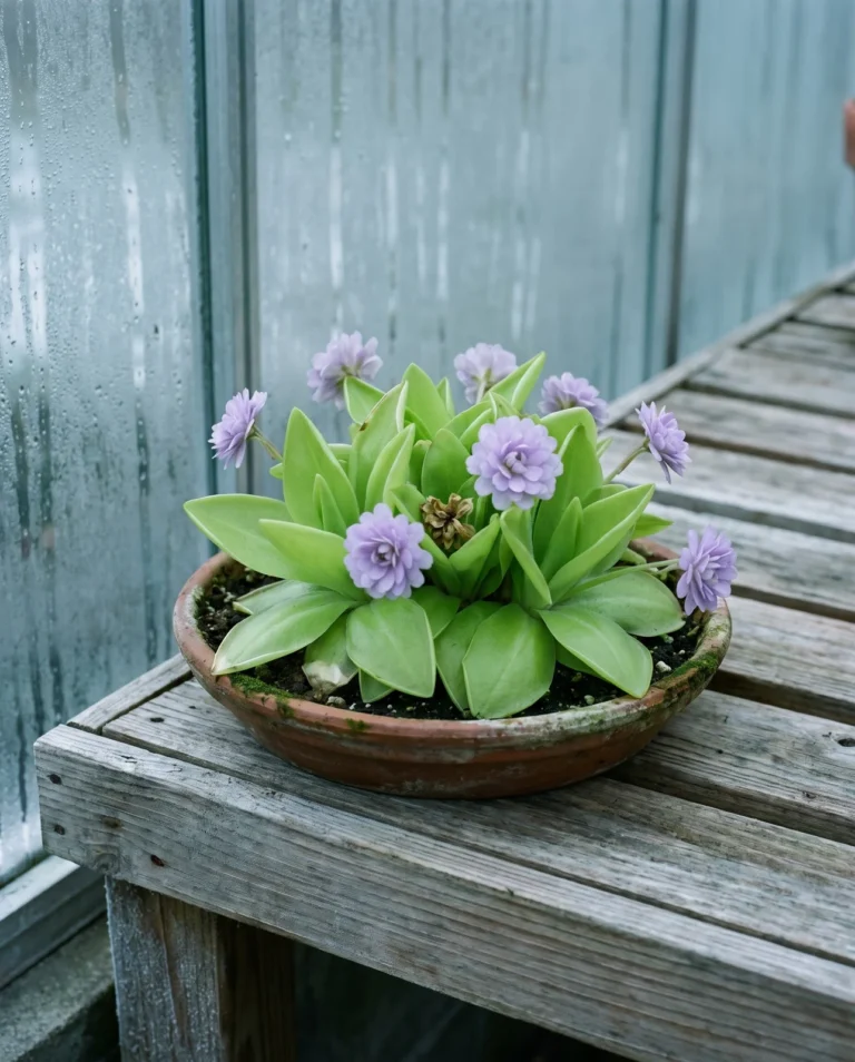 A Parma violet rosette with glossy, sharply pointed bright green leaves and double lavender flowers, no runners on the soil.