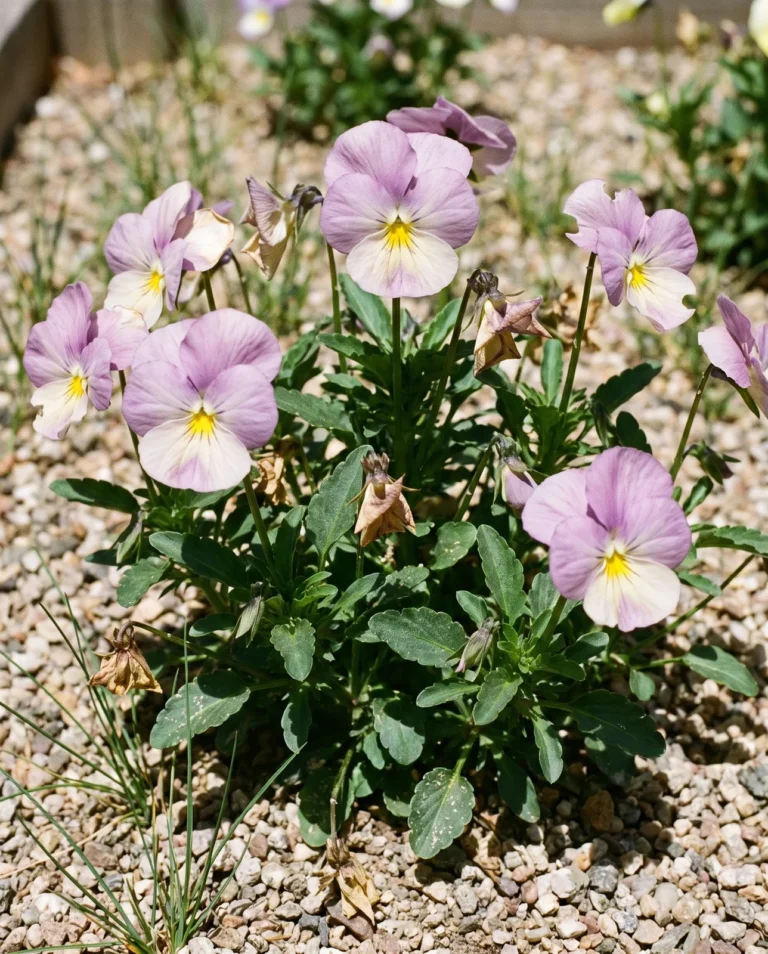 Horned violet in a tufted mound, its flat pansy-like flowers an inch and a half across on wiry stems well clear of the leaves.