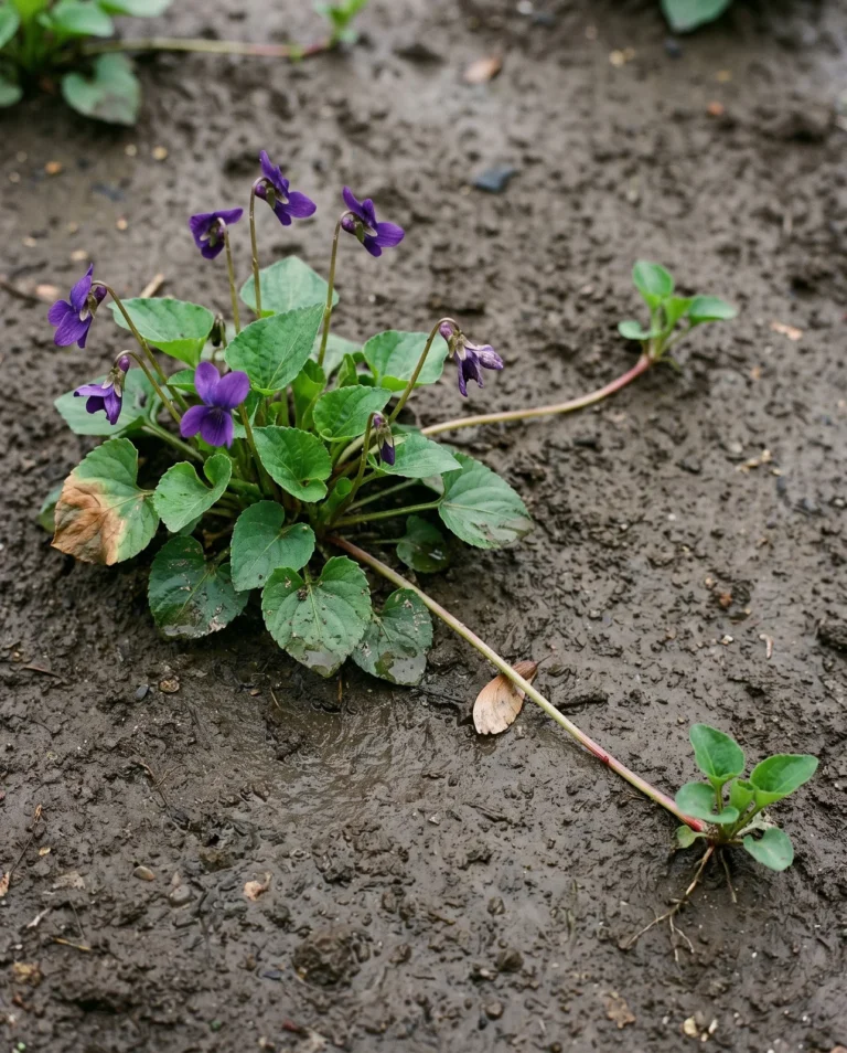 Sweet violet in flower with a long surface runner reaching out across wet soil to a rooted daughter rosette.