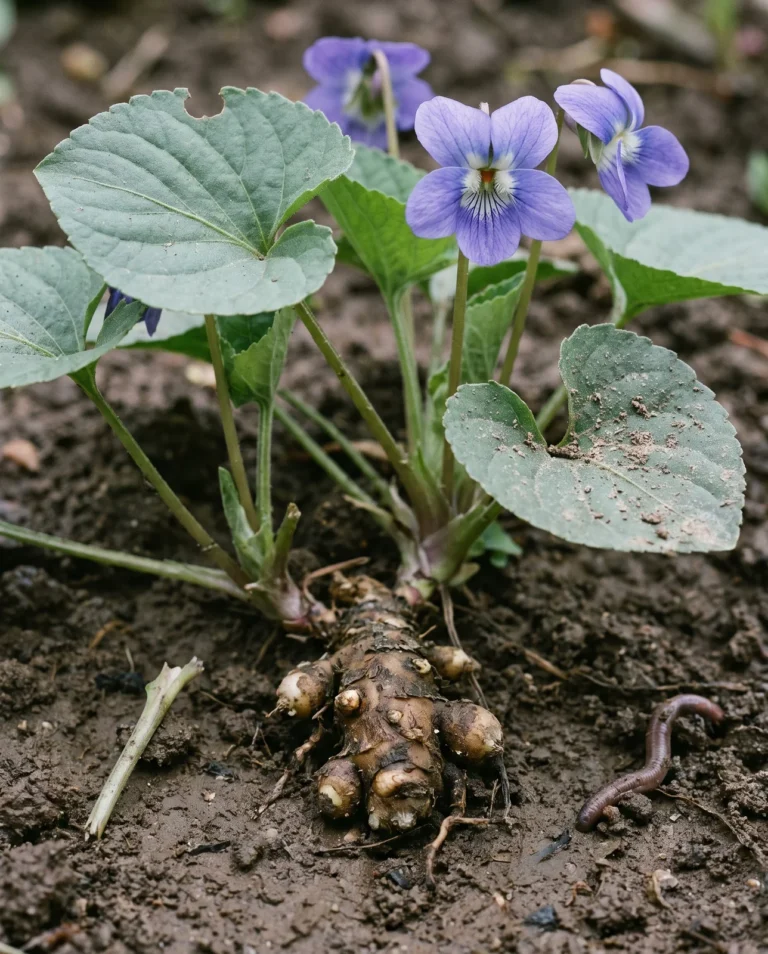 Common blue violet with wide downy leaves and the soil scraped back to show one stout upright rhizome and no runners.