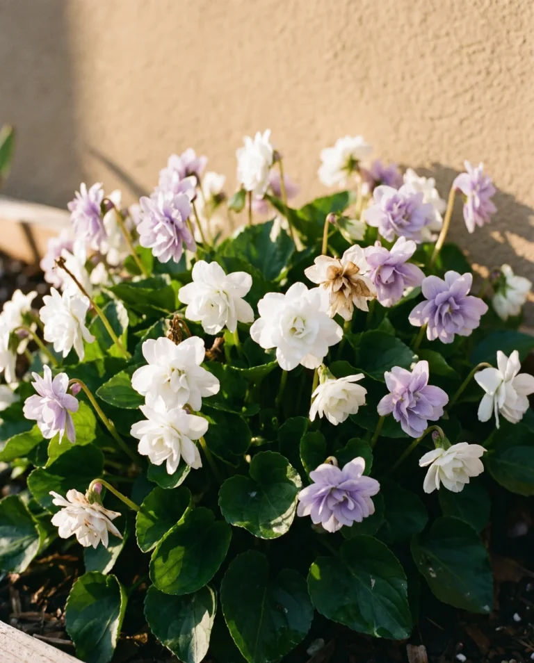 Double sweet violets packed with petals in a sheltered raised bed against a warm wall in late winter.