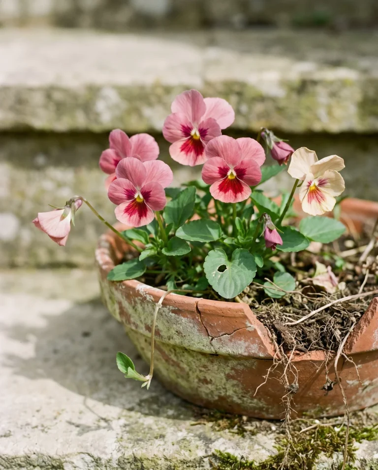 'Rosina' sweet violet in a shallow terracotta pan on a stone step, rose flowers with deeper blotching at the throat.