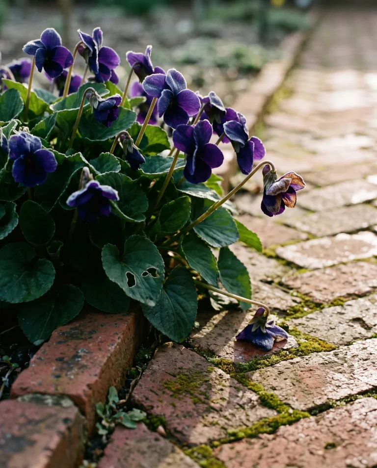 'The Czar' sweet violet flowering along an old brick path edge in an early-morning side light.