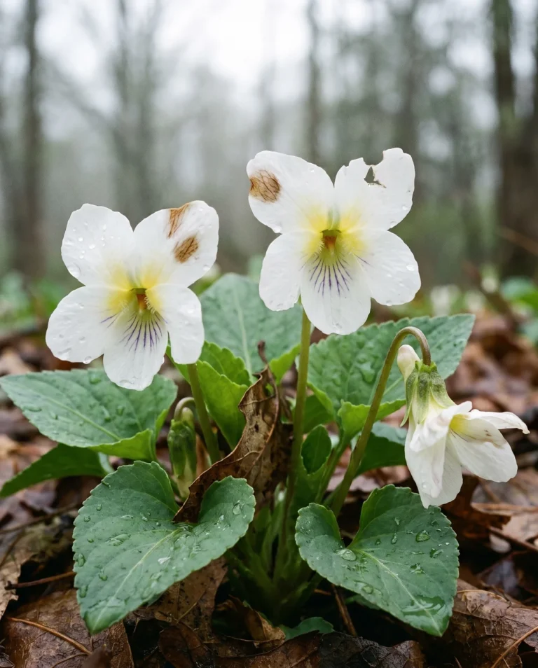 'White Czar' sweet violet in close view, white flowers with cream throats and purple veining on the lower petal.
