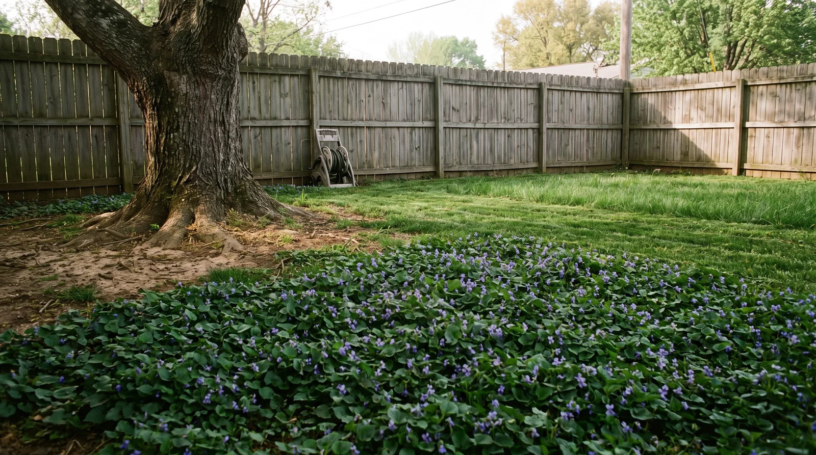 A shaded suburban back lawn where a broad violet colony has taken the thin turf under a large oak.