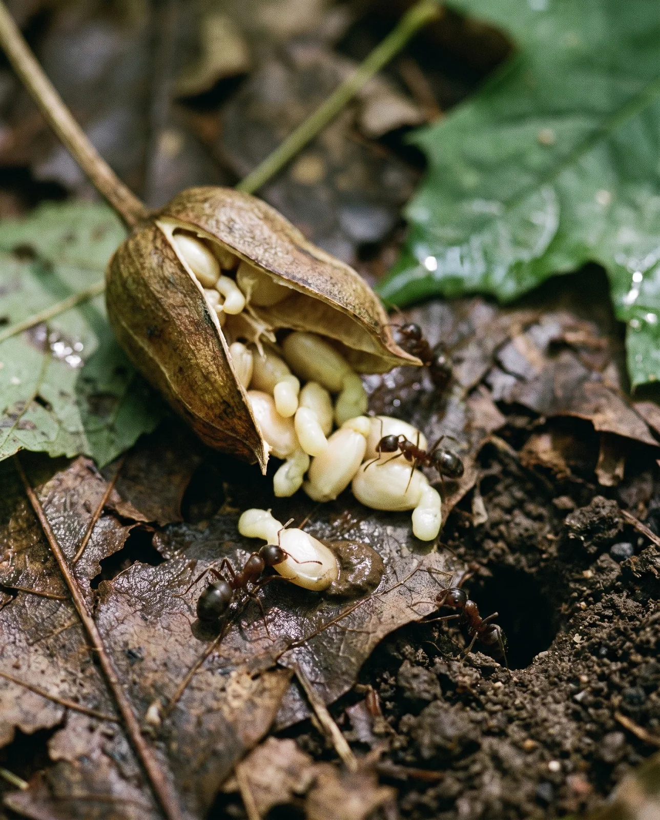 Ants working over a split trillium capsule fallen on the litter, pale seeds and their fatty appendages showing