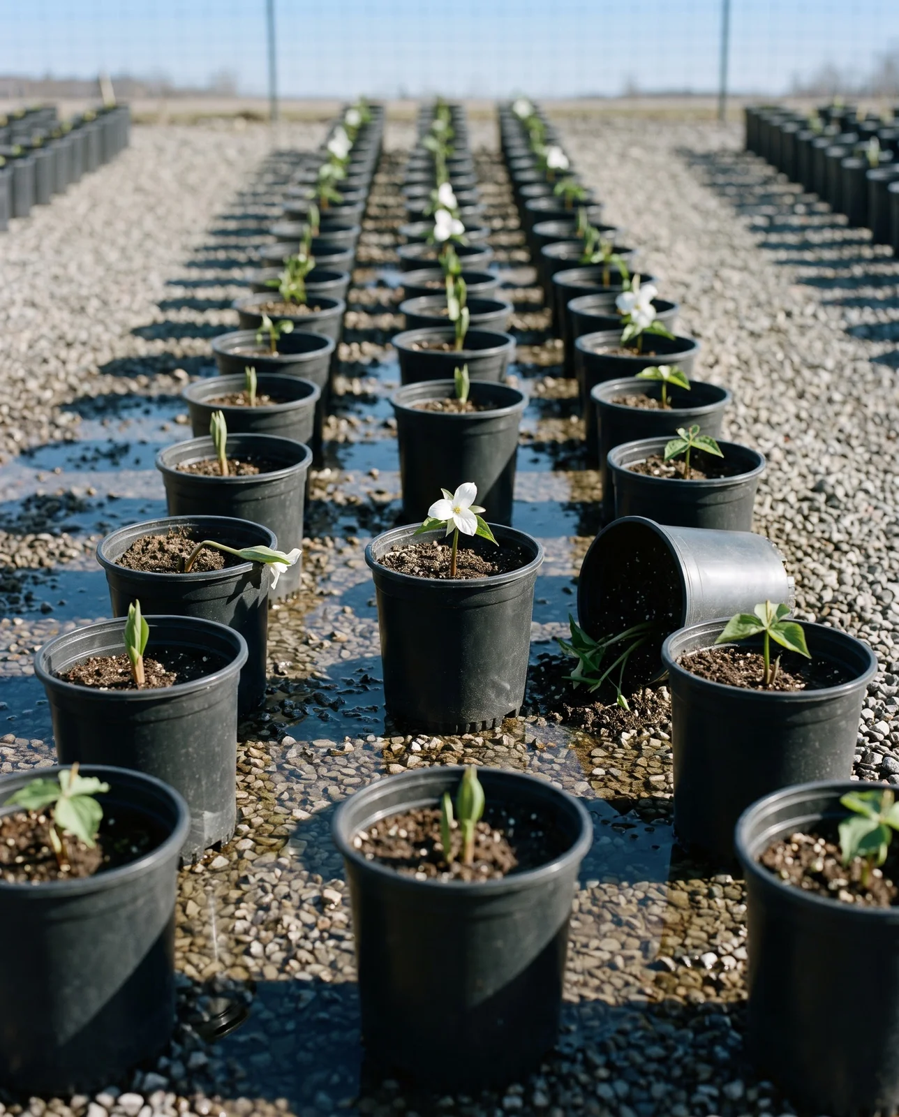 Rows of plain black nursery pots of trillium standing on wet gravel at a native plant nursery, all unlabelled
