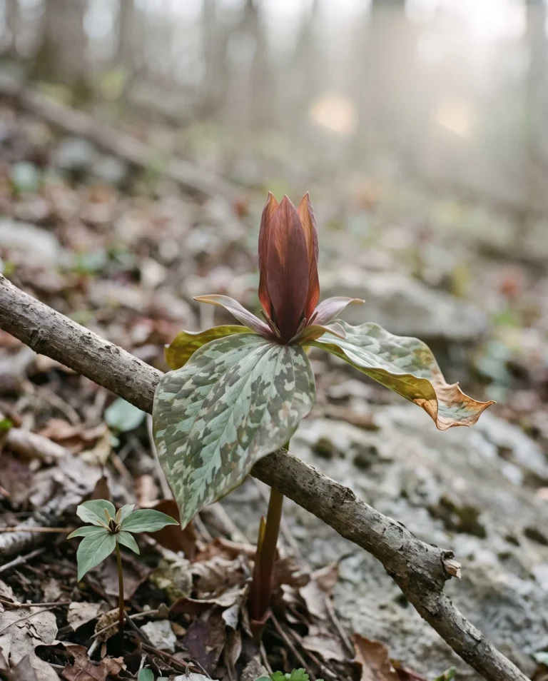 Sweet Betsy trillium, the largest sessile species, with a tall upright maroon flower over big mottled bracts