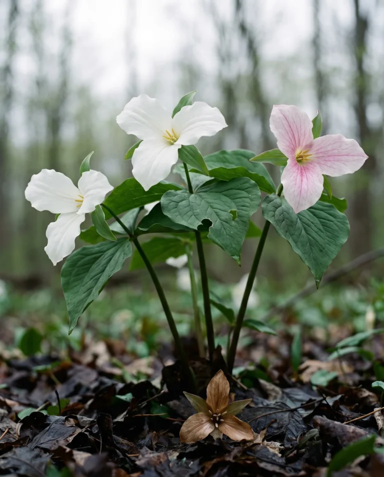 Great white trillium in flower on a Michigan woodlot floor, one bloom already flushing rosy pink