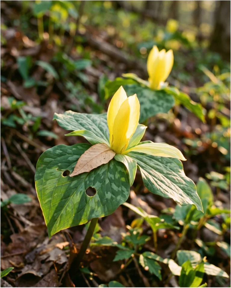Yellow trillium with an upright lemon-yellow stalkless flower above mottled green bracts at golden hour