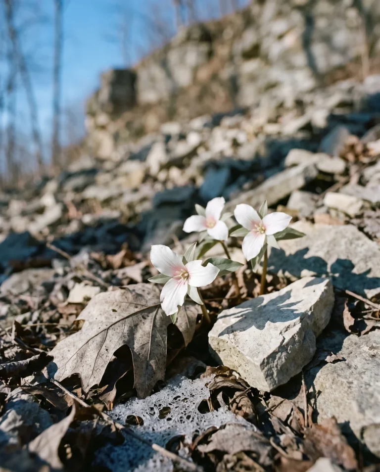 Snow trillium, a tiny white species only a few inches tall, flowering on bluff talus in late March