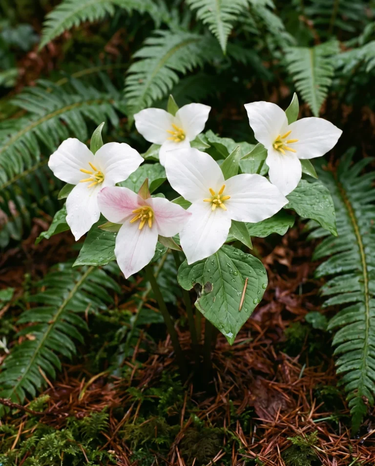 Western trillium flowering on a Douglas fir slope in Oregon, pure white petals with golden yellow anthers