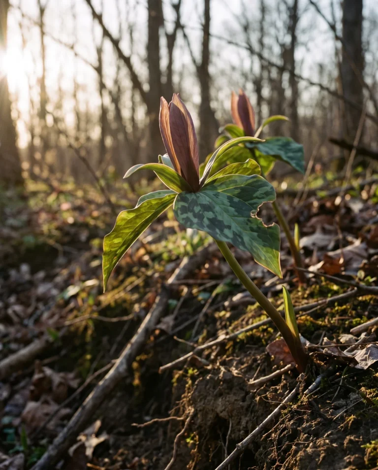 Prairie trillium with an upright purple-brown stalkless flower and green sepals bent sharply backward