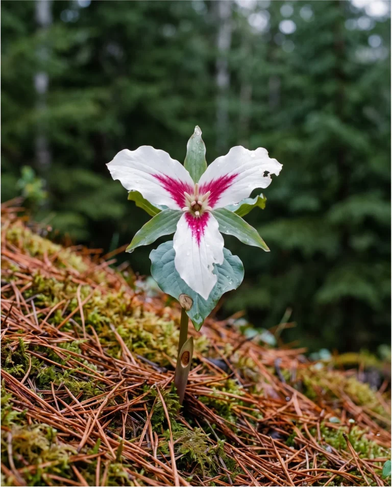 Painted trillium showing white petals each carrying a deep pink V-shaped mark at the base