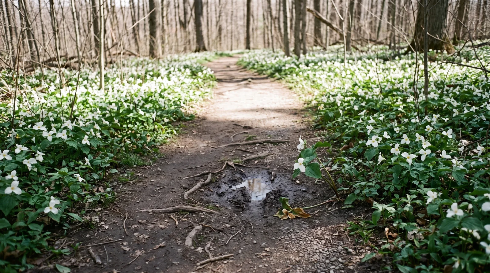 A public park trail running through woodland with trillium colonies growing right up to the trodden edge on both sides