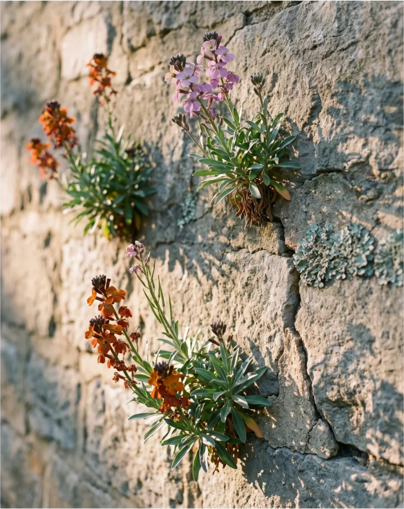 Wallflowers rooted in the mortar joints of an old limestone garden wall, flowering brick-orange and mauve in warm evening light