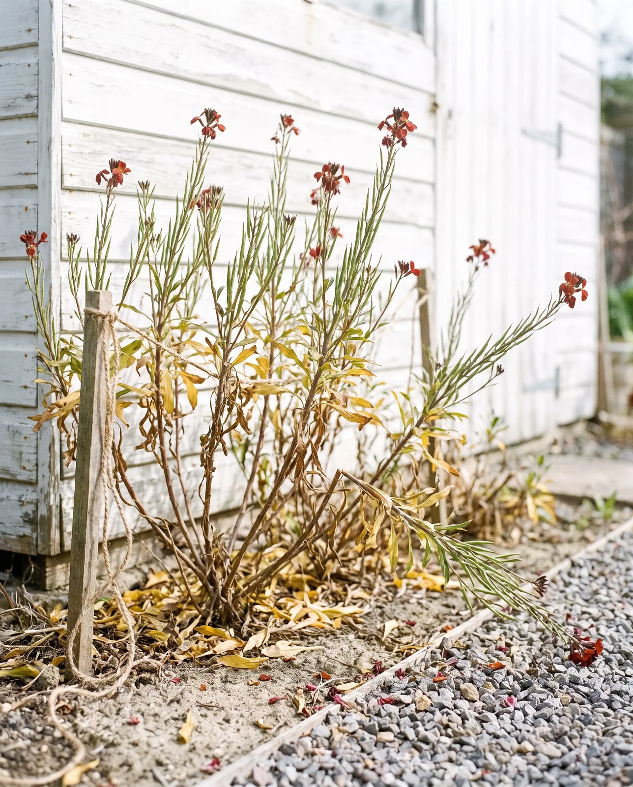 A block of bedding wallflowers in mid-June gone leggy and spent, stems bare below and seed pods where the flowers were