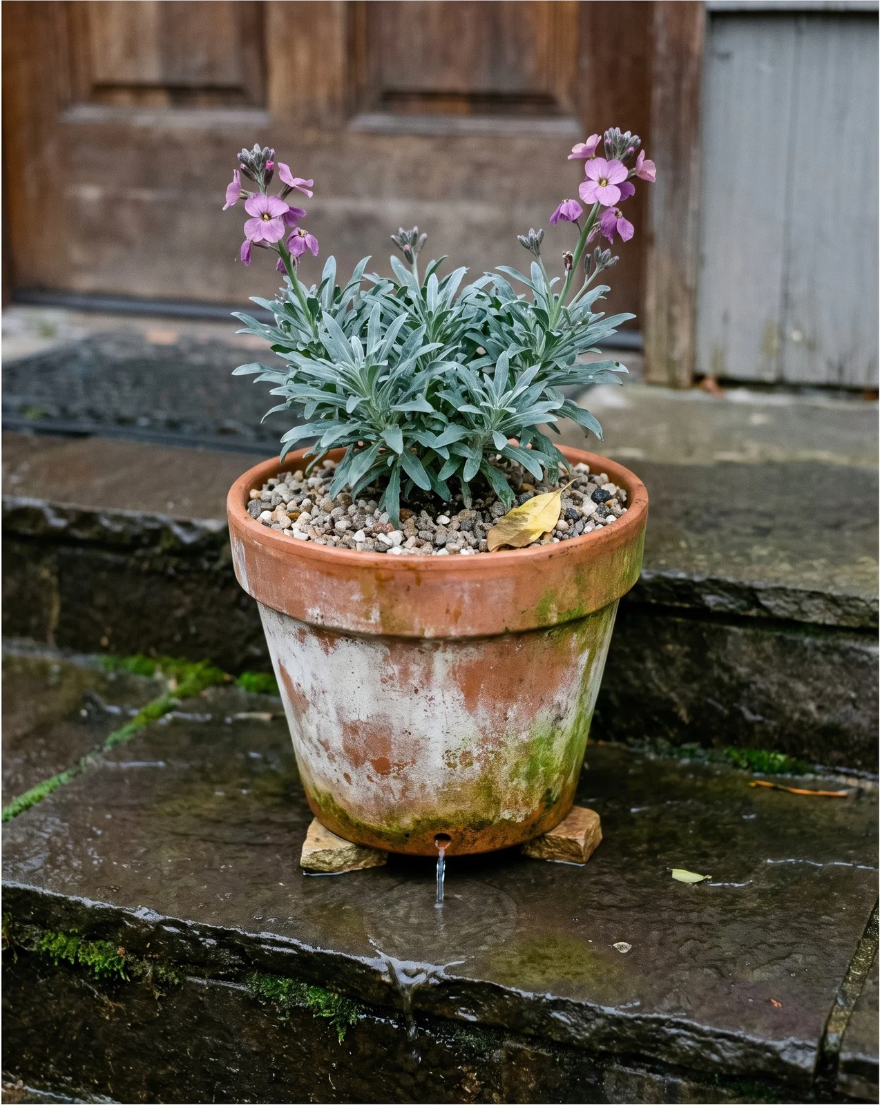 A perennial wallflower in a terracotta pot raised on stone steps after rain, with grit mulch and water running from its drainage hole
