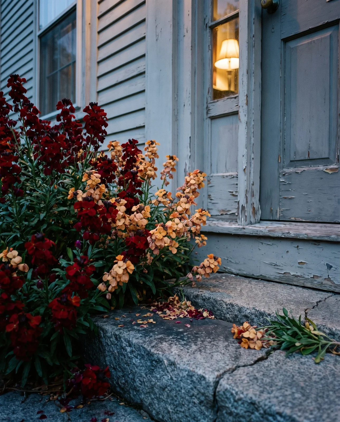A mass of wallflowers crowding a granite doorstep beside a clapboard house door at dusk in warm still air