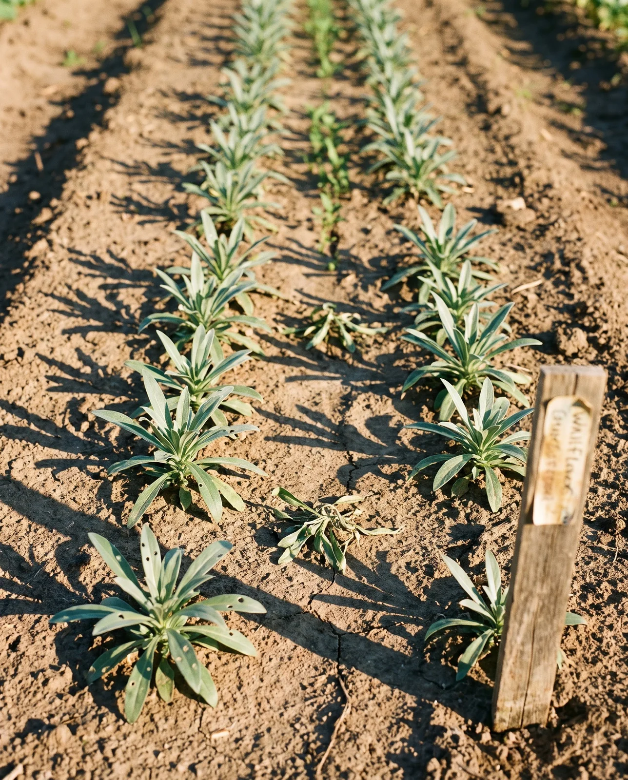 Rows of young wallflower seedlings thinned out in an open summer seedbed, small rosettes with bare soil between them