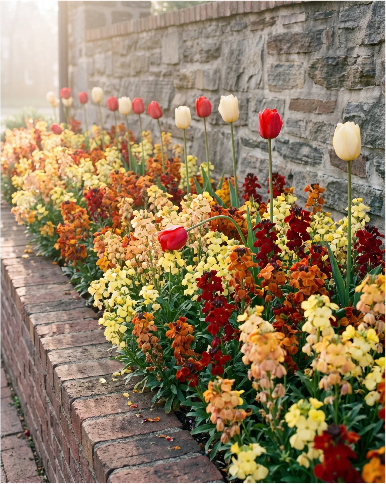 The same brick-edged bed the following April, wallflowers in full scented flower with tulips standing up through them