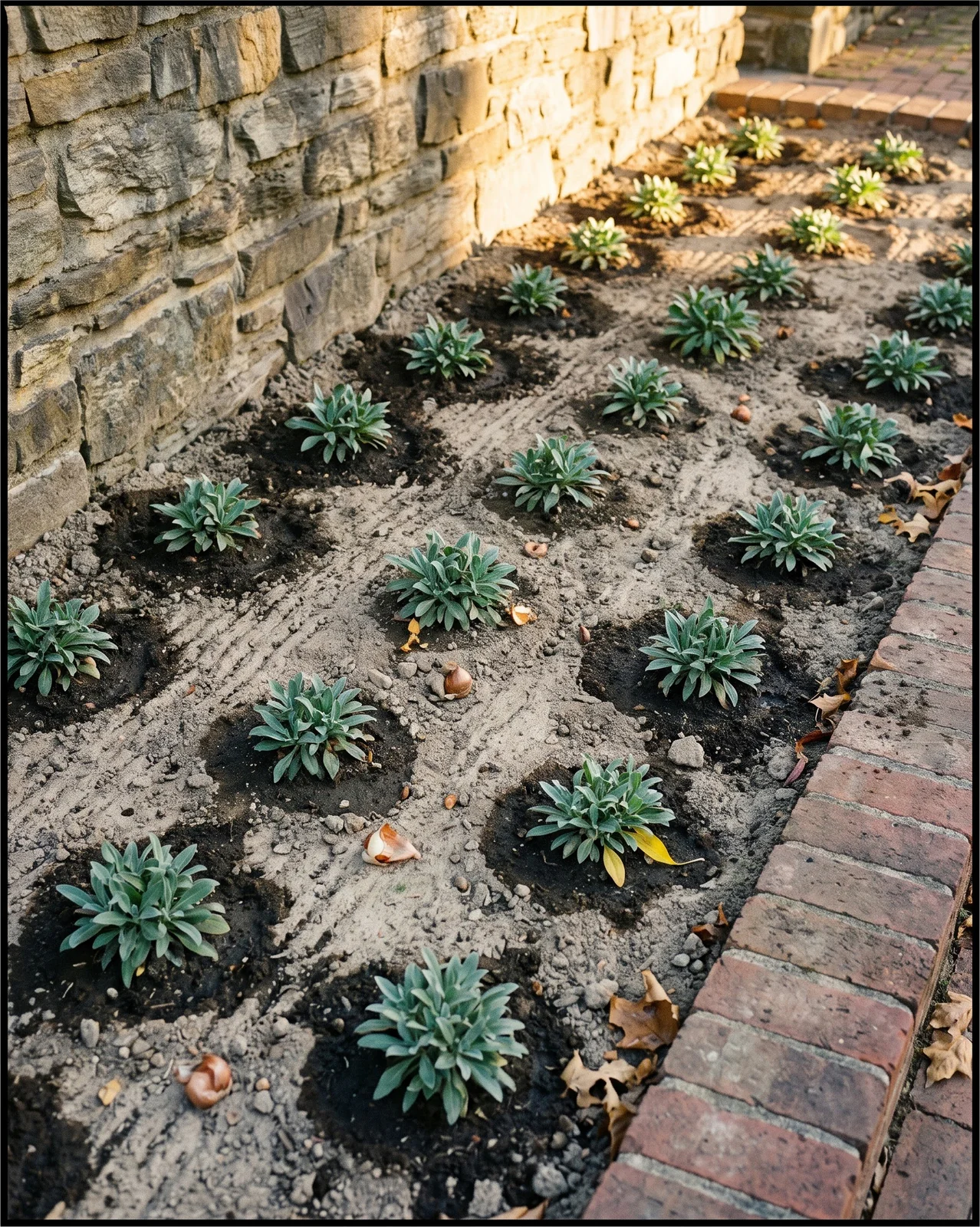 Young wallflower rosettes just planted out in rows in a raked autumn bed edged with old bricks, in low October sun
