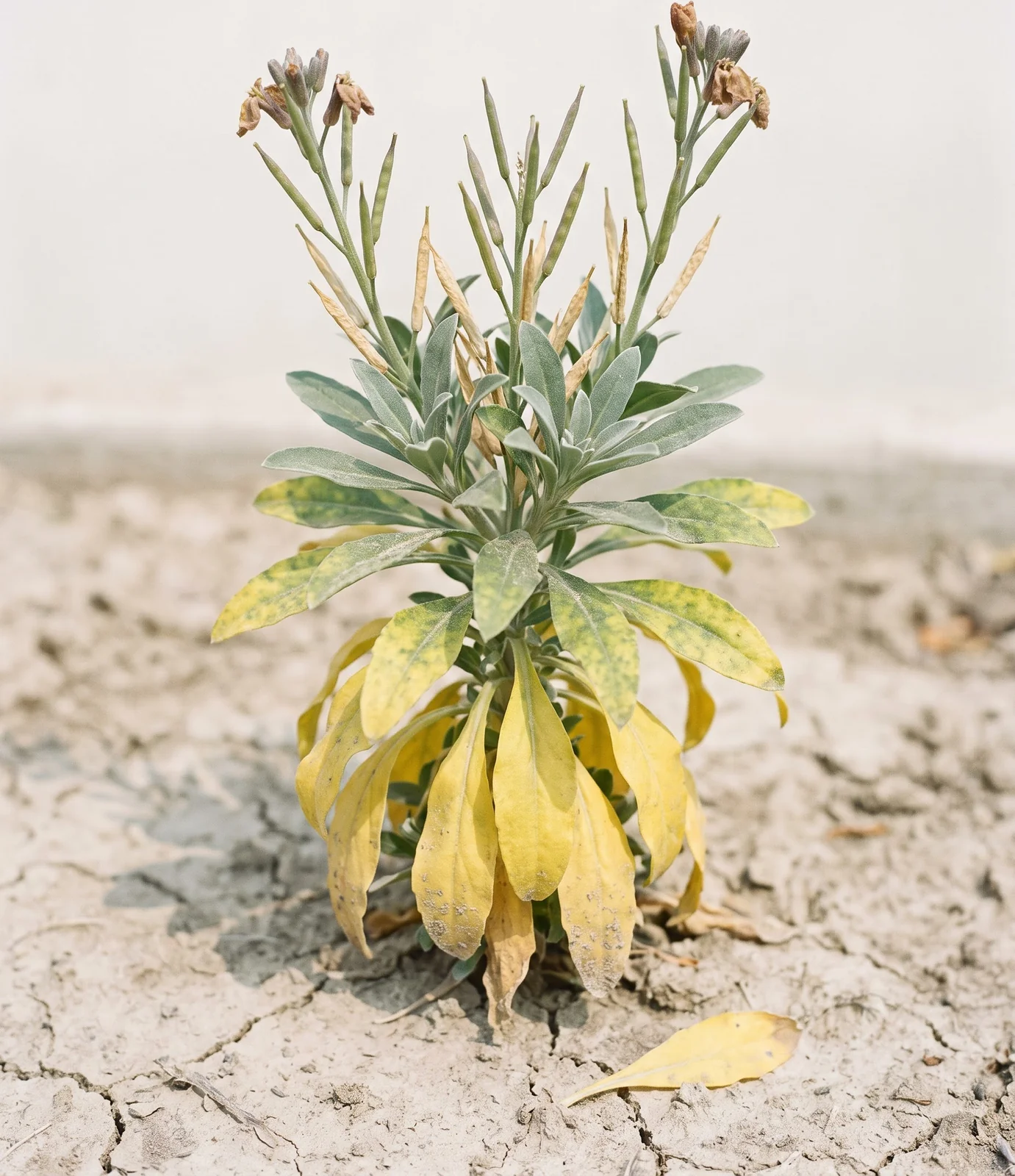 A wallflower yellowing from the bottom up after flowering, with ripening seed pods above and dry soil below