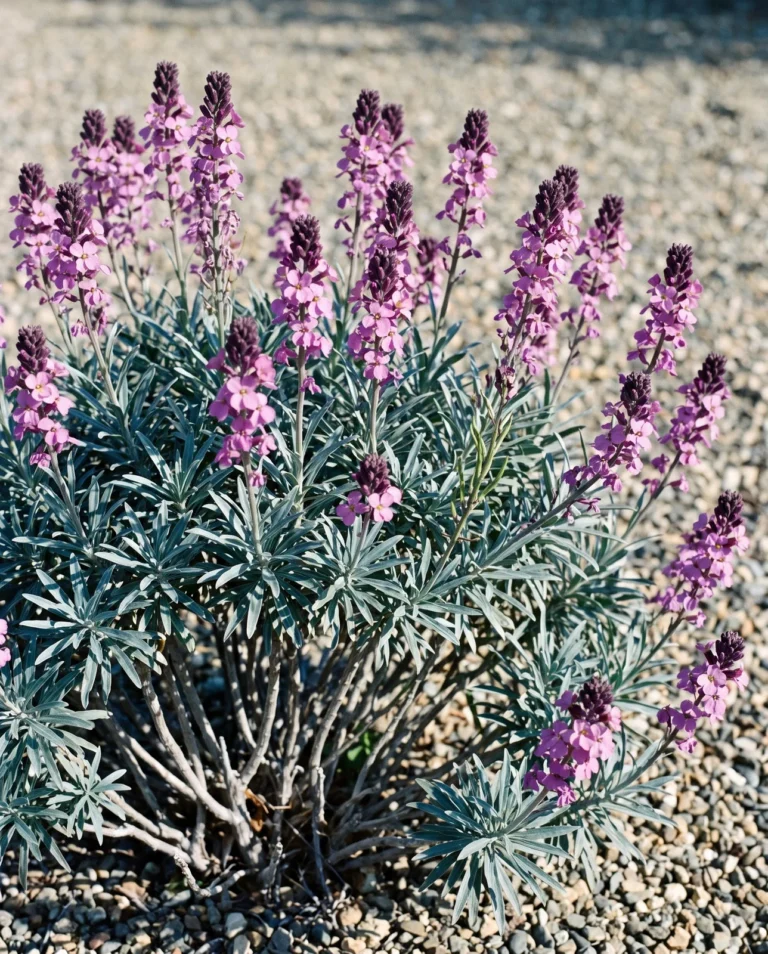 Bowles Mauve wallflower as a dense two-foot evergreen mound of blue-grey leaves under many upright mauve racemes