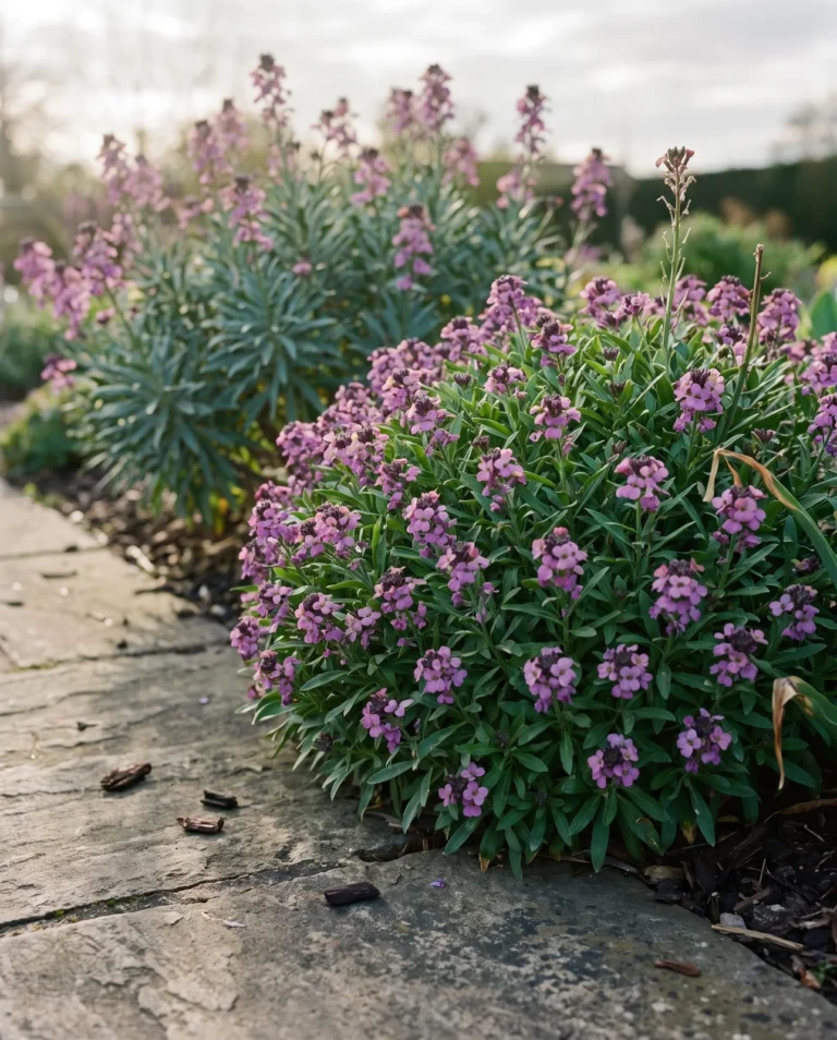 Bowles Me Away wallflower as a low tidy mound covered in short mauve-purple racemes above narrow green leaves