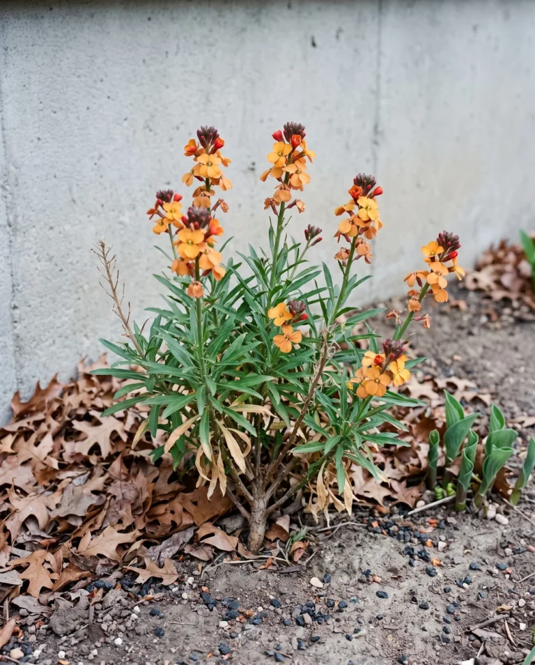 Erysistible Sunset wallflower in a cold-climate bed, carrying warm apricot and orange racemes over narrow green foliage