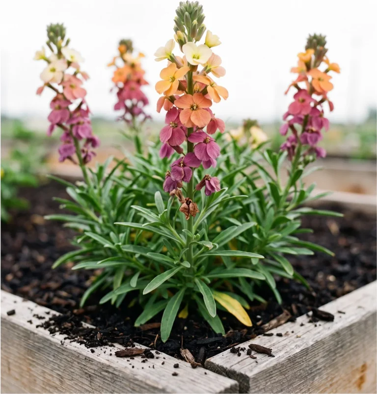 Erysistible Tricolor wallflower with cream, apricot and purple flowers on the same spike as the colours deepen with age