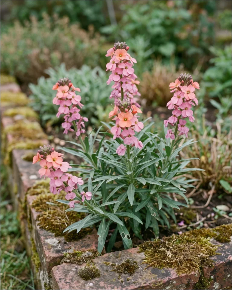 Jenny Brook wallflower carrying soft pink flowers with a salmon cast on upright racemes above grey-green leaves