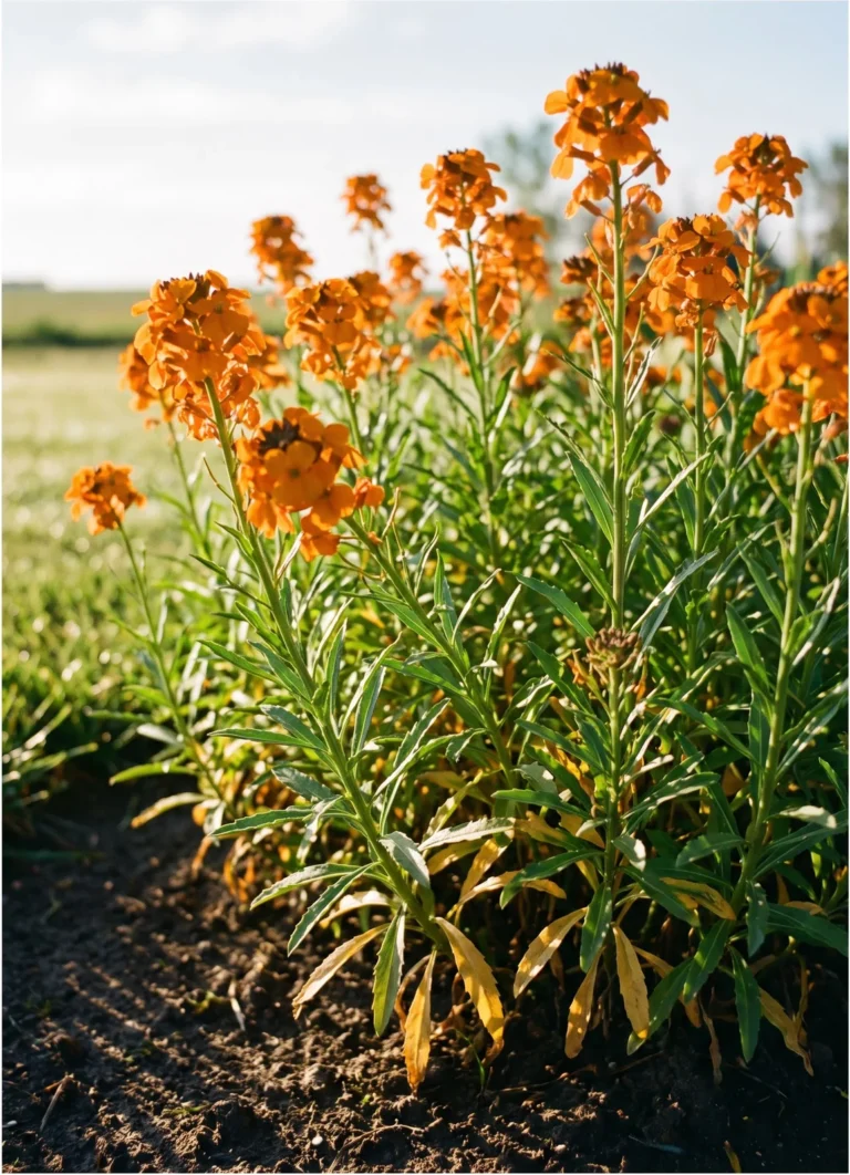 Siberian wallflower in a cold-climate bed, dense heads of hot orange four-petalled flowers on upright leafy stems