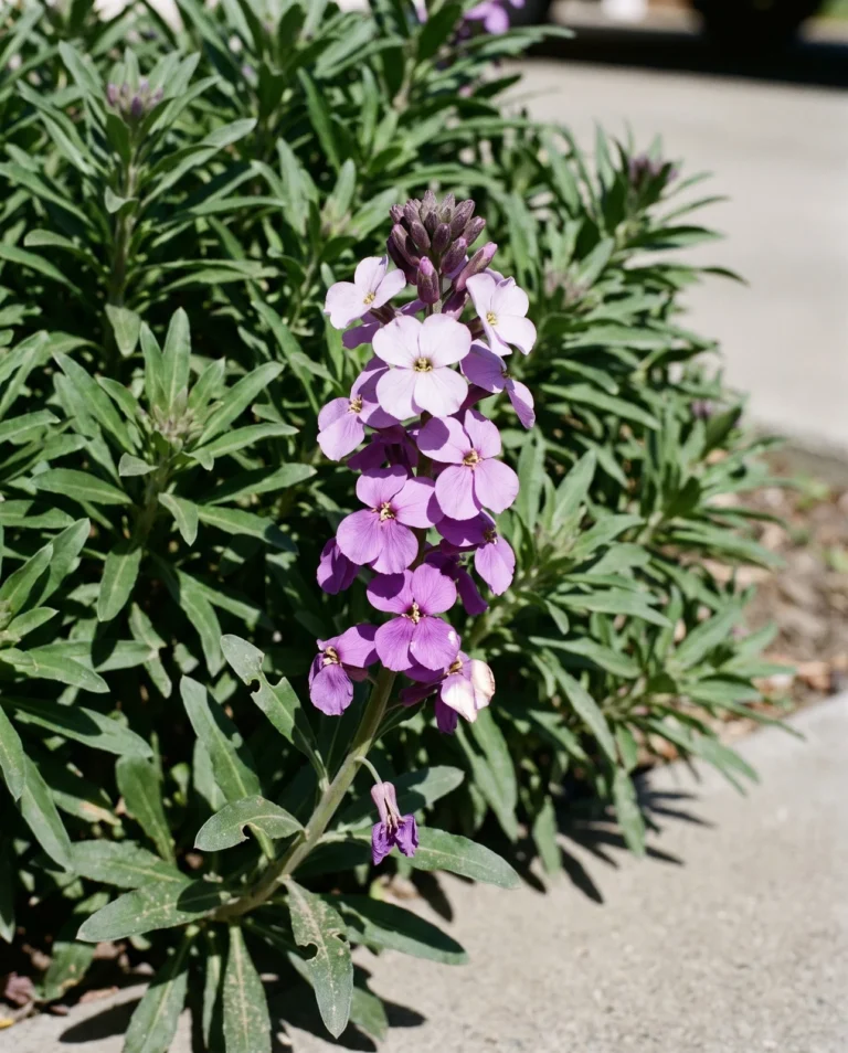 Super Bowl Mauve wallflower showing pale lavender newly opened flowers at the top of a spike and deep violet older ones below