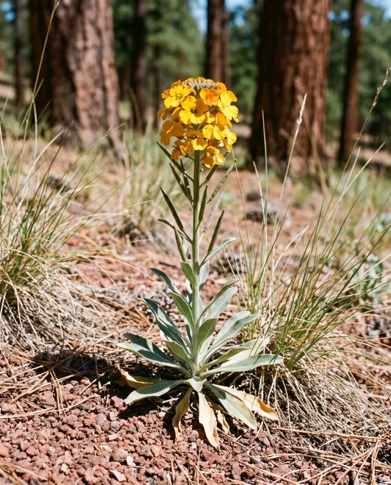 Western wallflower growing wild on an open pine slope, a single stout stem topped with a rounded head of yellow-orange flowers