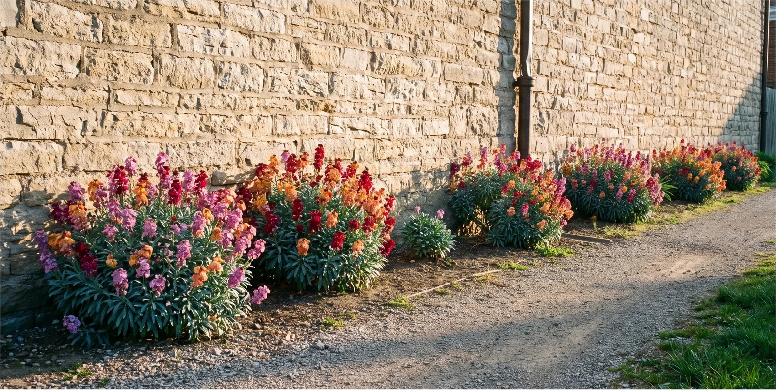 A wide view of a run of wallflower mounds along the foot of a long limestone wall beside a gravel path, giving their scale